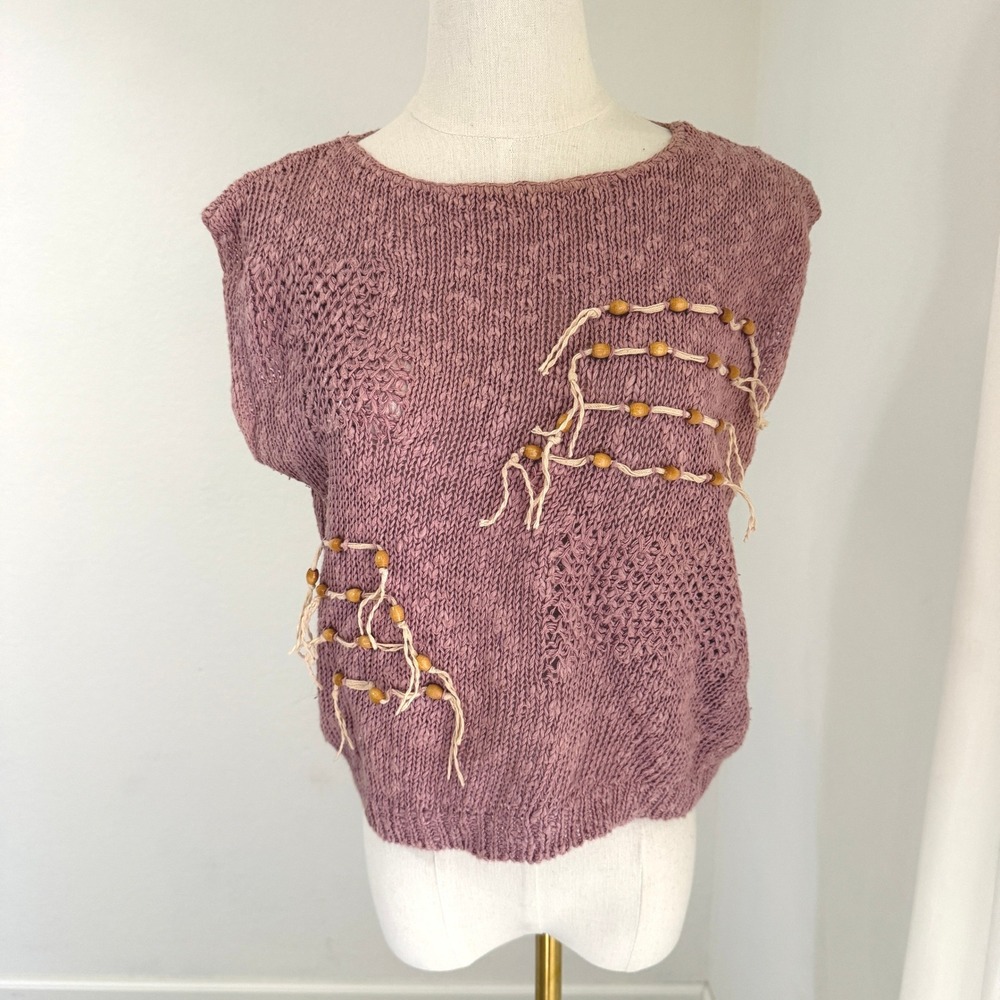 Vintage Herald House Mauve Beaded Knit Sweater‎ Vest Medium Artisan Boho Earthy